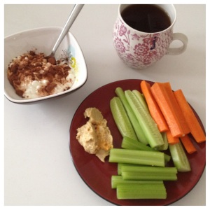 Afternoon snack: Cottage cheese with cocoa powder and veggies with hummus (and a cup of tea!)