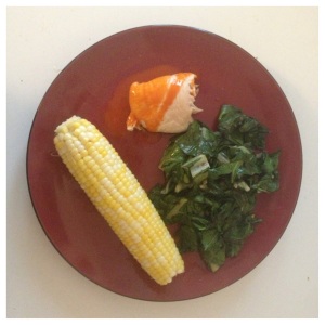 Trying a new veggie: Sauteed Swiss Chard with corn on the cob and buffalo chicken